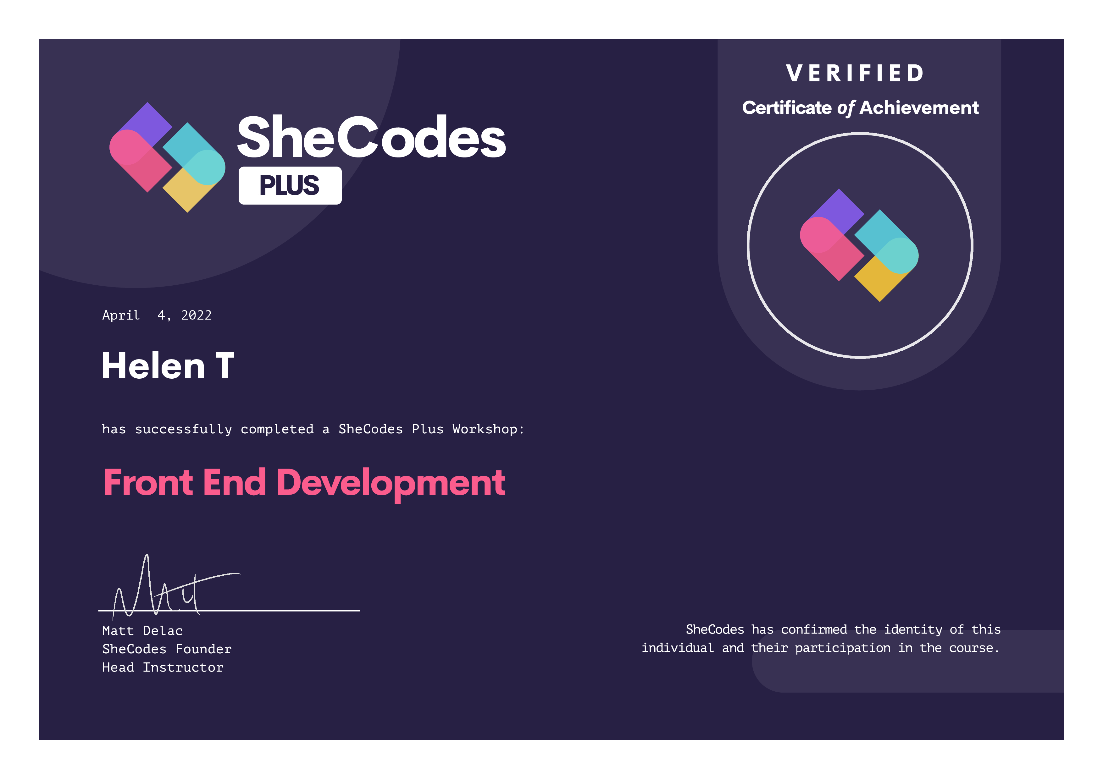 SheCodes Plus Certificate