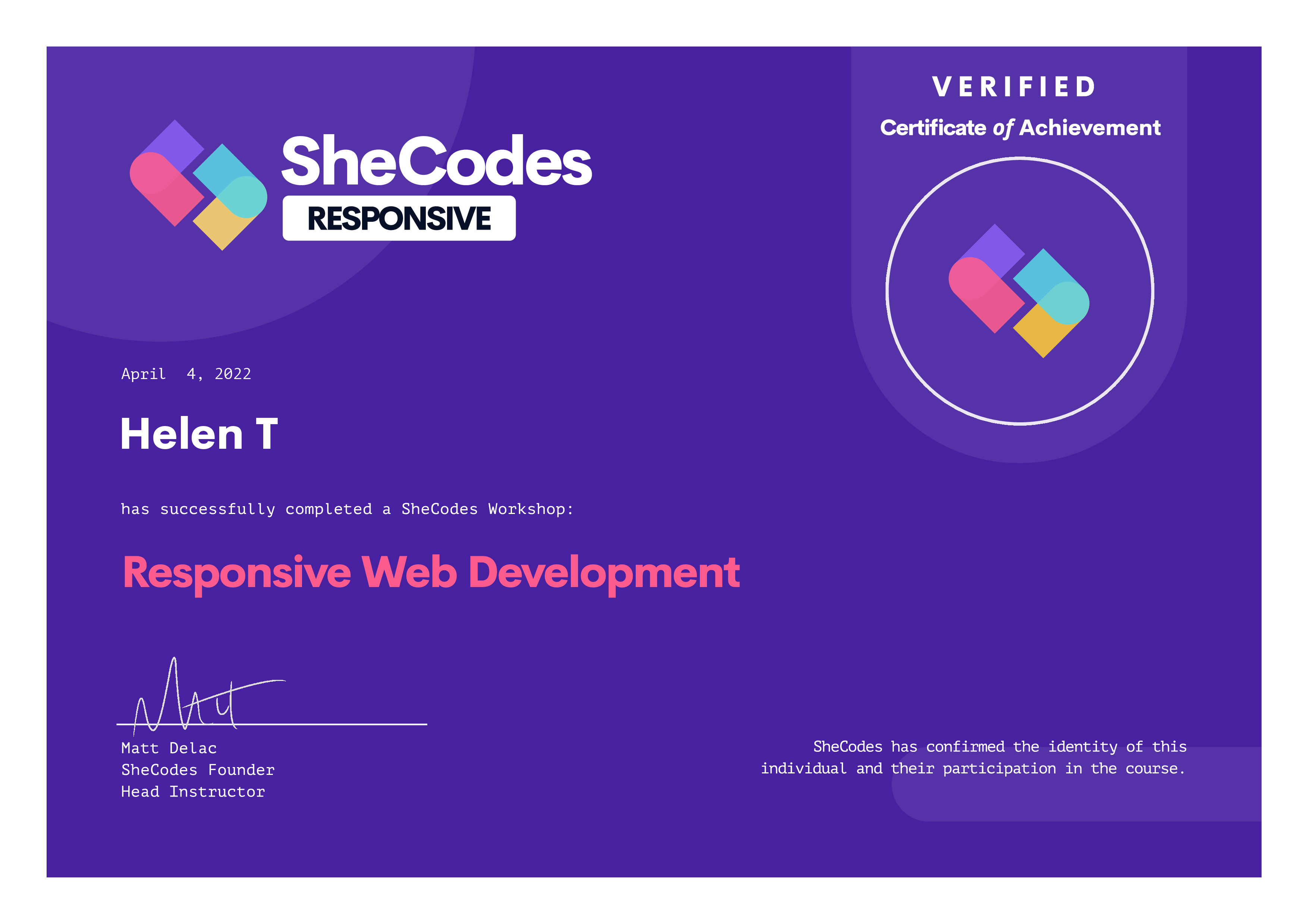 SheCodes Responsive Certificate